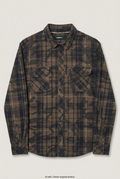 Front product view of Tony Hawk camo-plaid shirt, flat lay