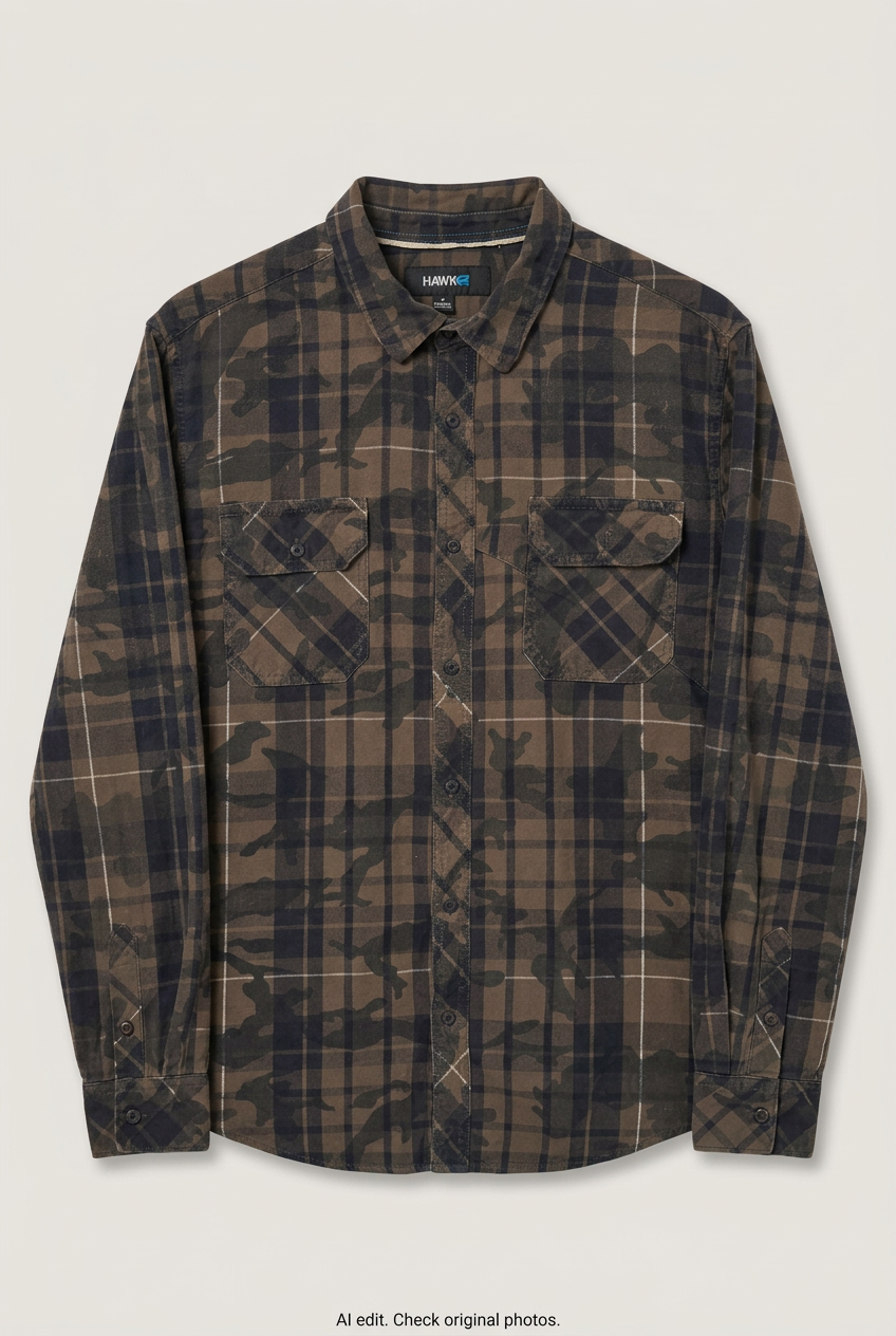 Front product view of Tony Hawk camo-plaid shirt, flat lay