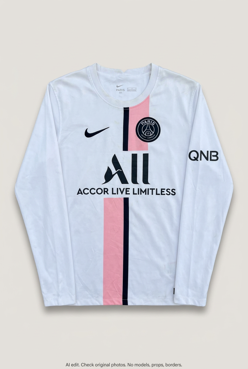 Front product view of white PSG long-sleeve jersey, flat lay
