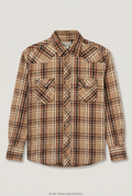 Front product view of Wrangler western plaid shirt, flat lay