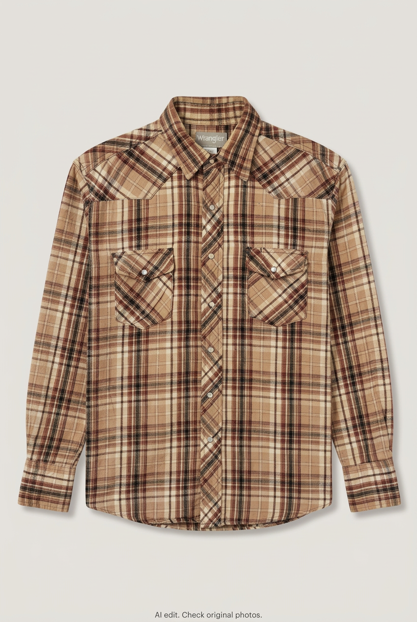 Front product view of Wrangler western plaid shirt, flat lay
