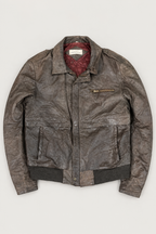 Illustrative edited front view of vintage leather jacket; compare original photos for actual details