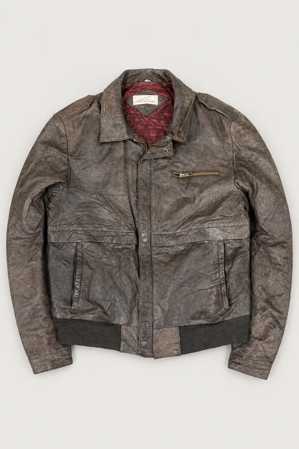Illustrative edited front view of vintage leather jacket; compare original photos for actual details