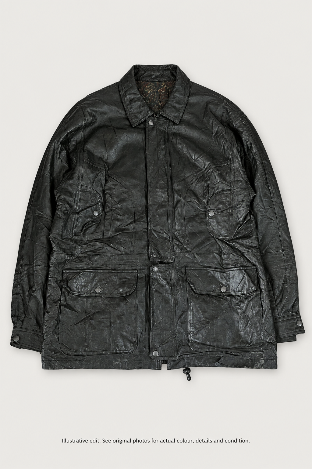 Illustrative edited front view of black vintage jacket with warning in bottom margin; see original photos for actual details