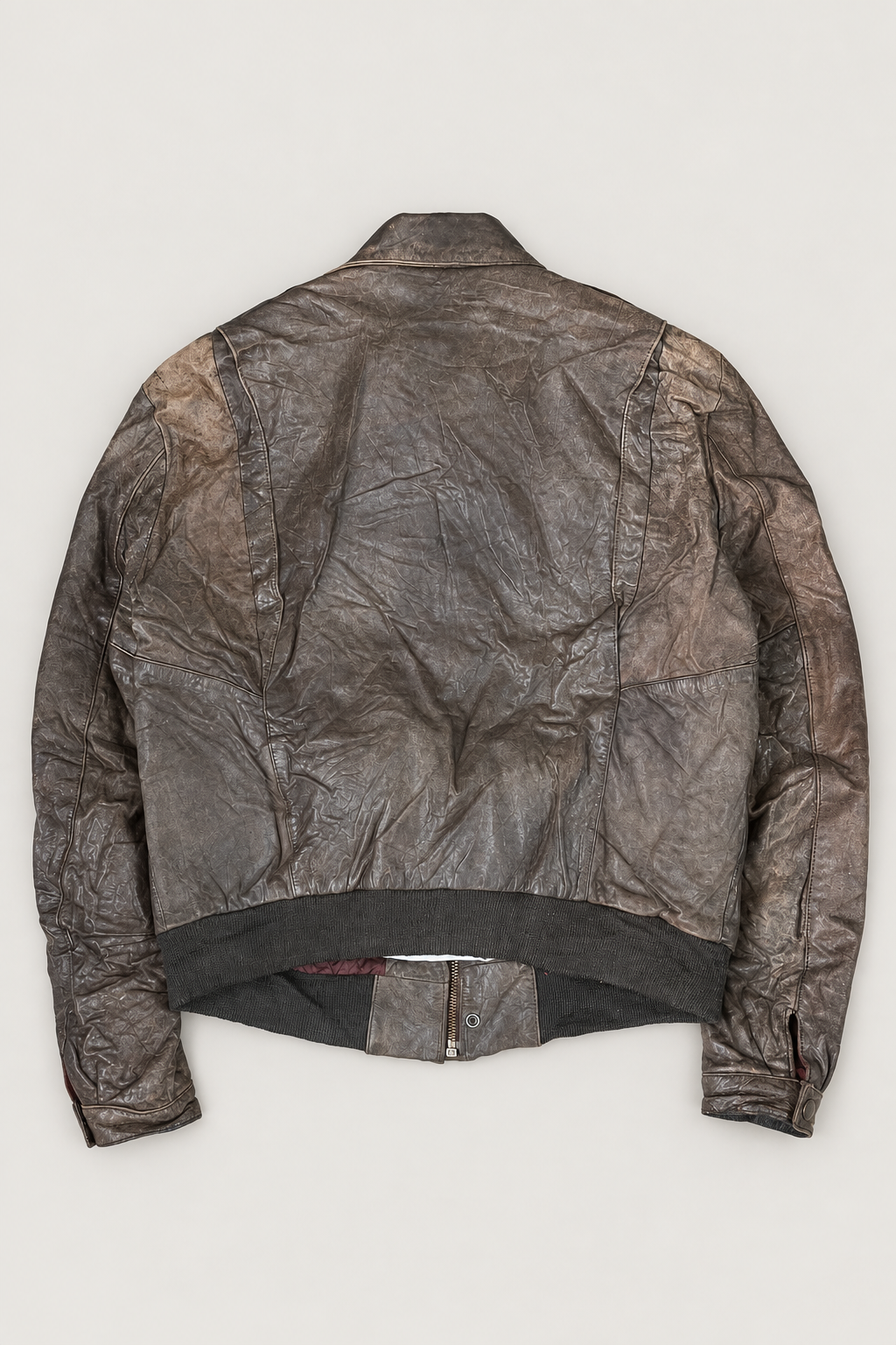 Illustrative edited back view of vintage leather jacket; compare original photos for actual details