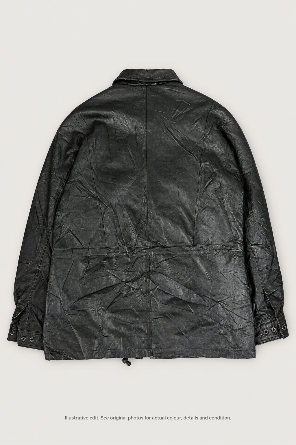 Illustrative edited back view of black vintage jacket with warning in bottom margin; see original photos for actual details