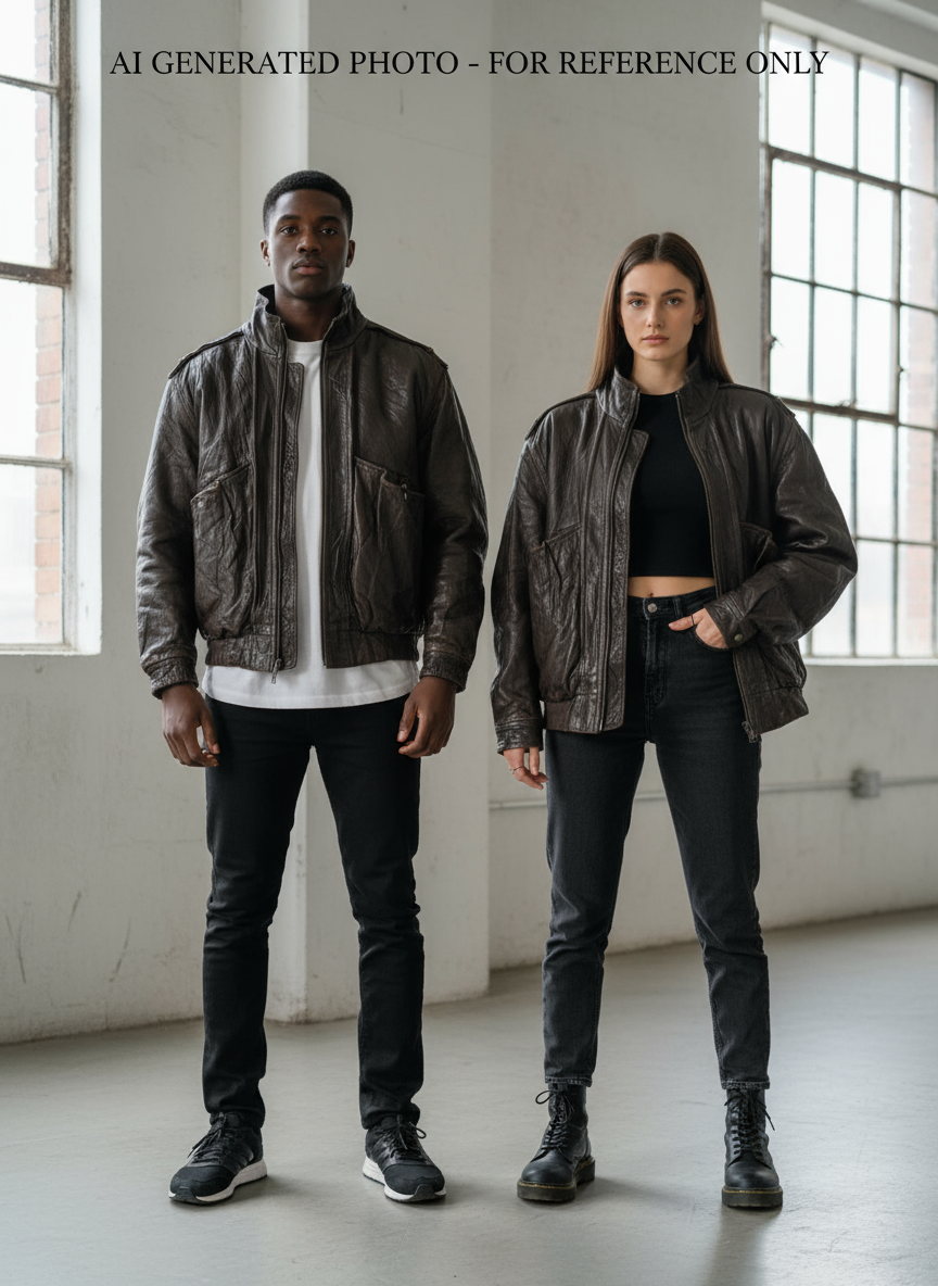 Male and female models wearing vintage brown leather jacket