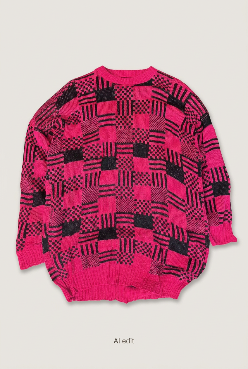 Pink-and-black geometric sweater front preview