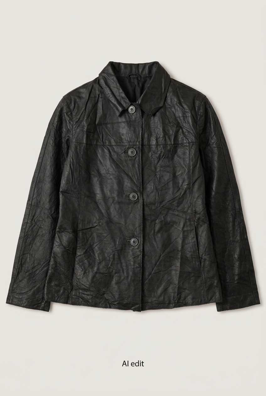 Revised black scalloped-edge leather jacket front preview