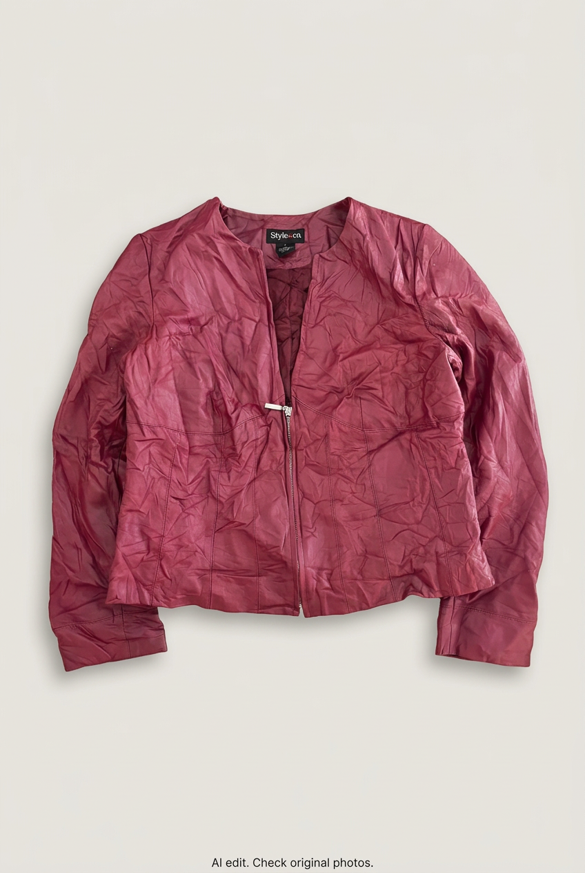 Style & Co. pink leather jacket front preview