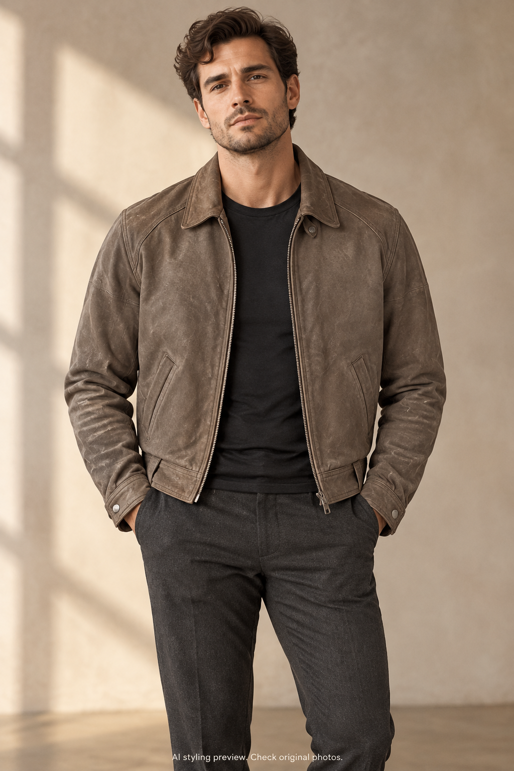 Taupe-grey PELLE CUIR jacket men's styling preview